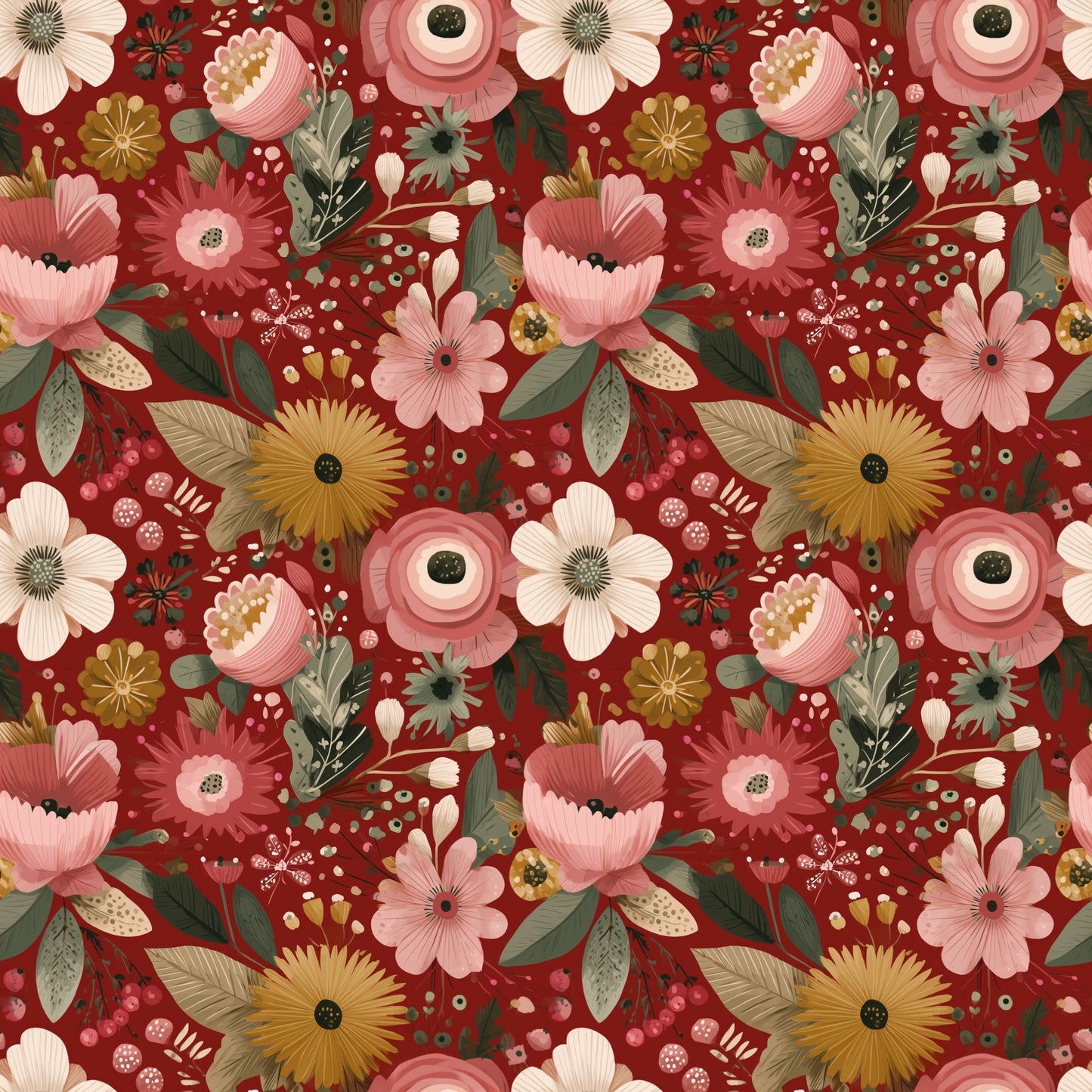 Burgundy Christmas Floral Digital Seamless Pattern