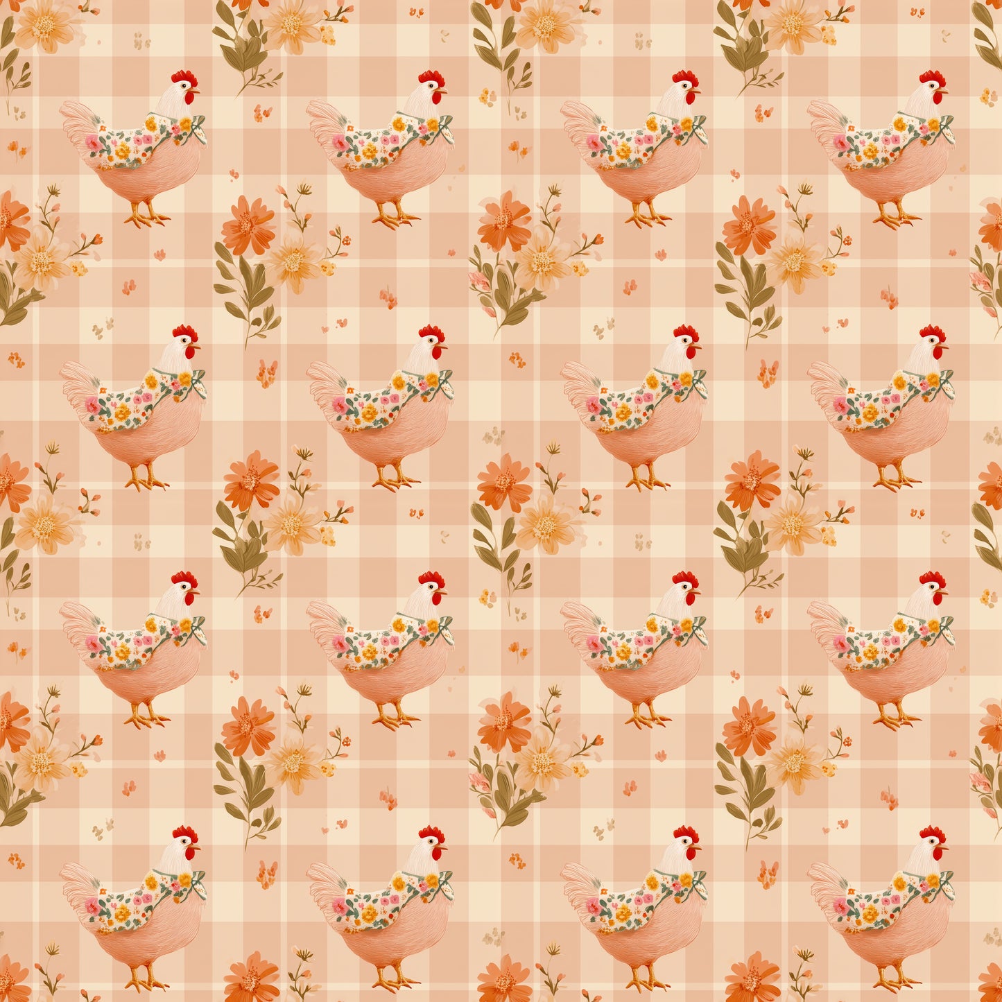Checked Chickens Digital Seamless Pattern