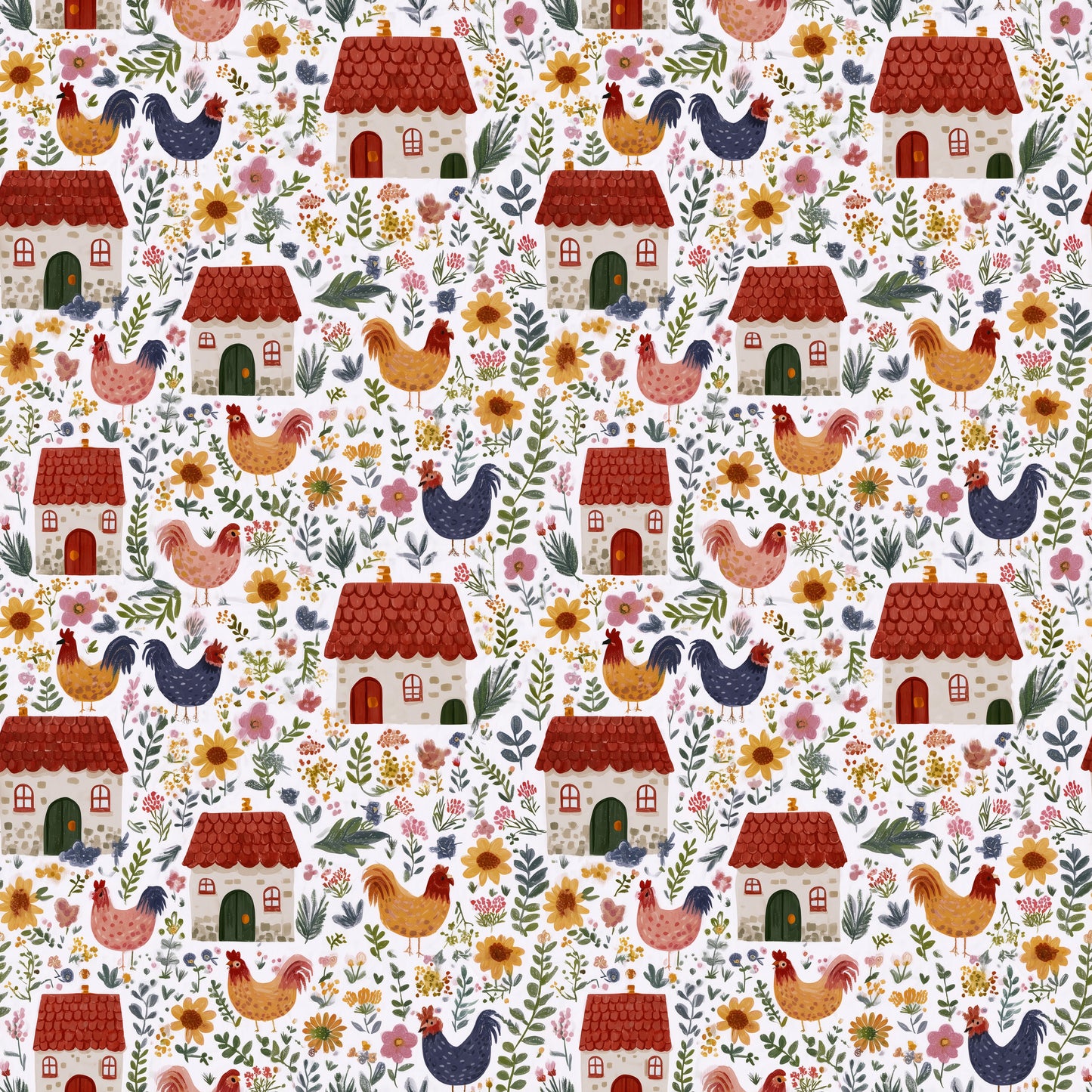 Chicken Cottage Digital Seamless Pattern