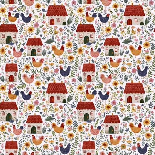 Chicken Cottage Digital Seamless Pattern