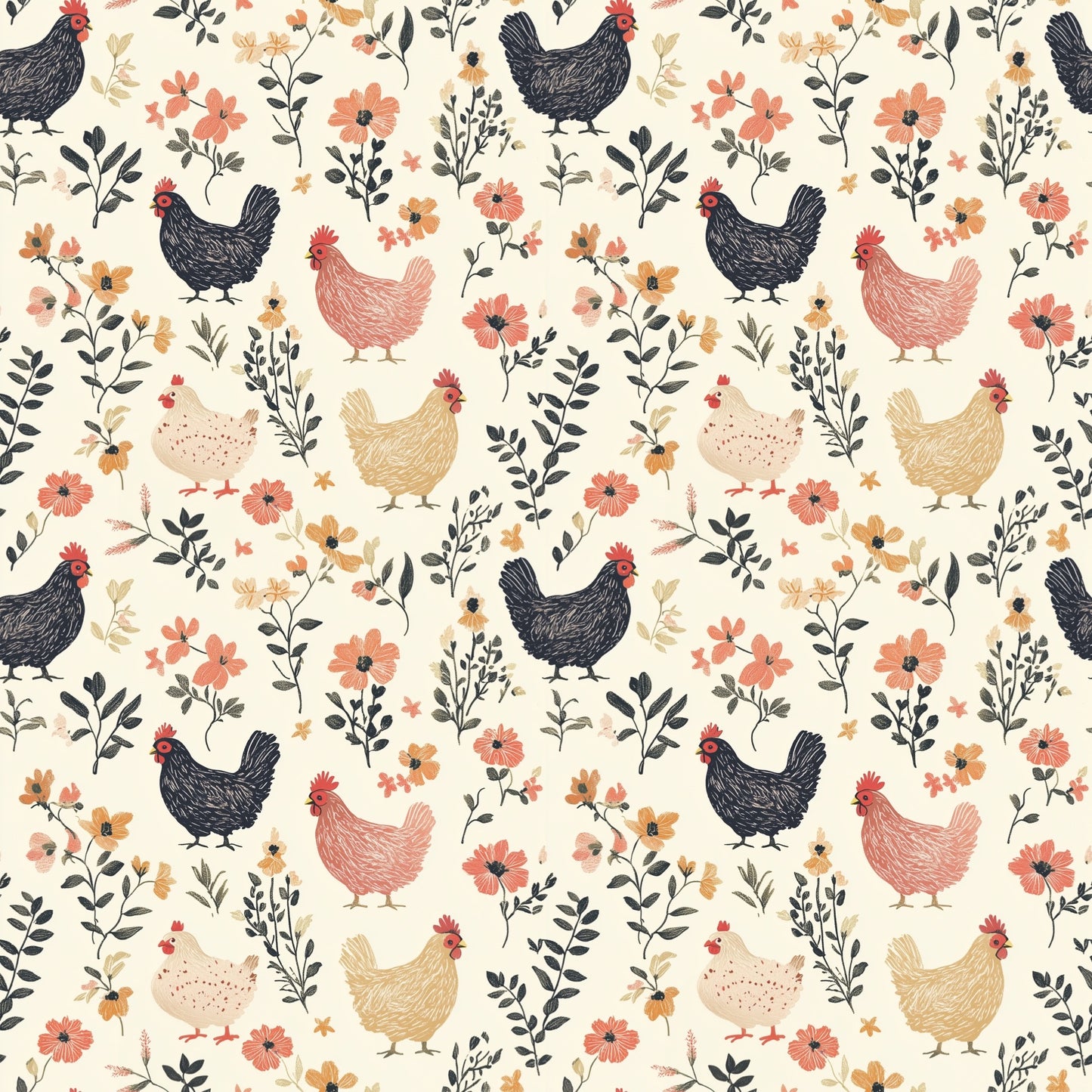 Chicken Meadow Digital Seamless Pattern