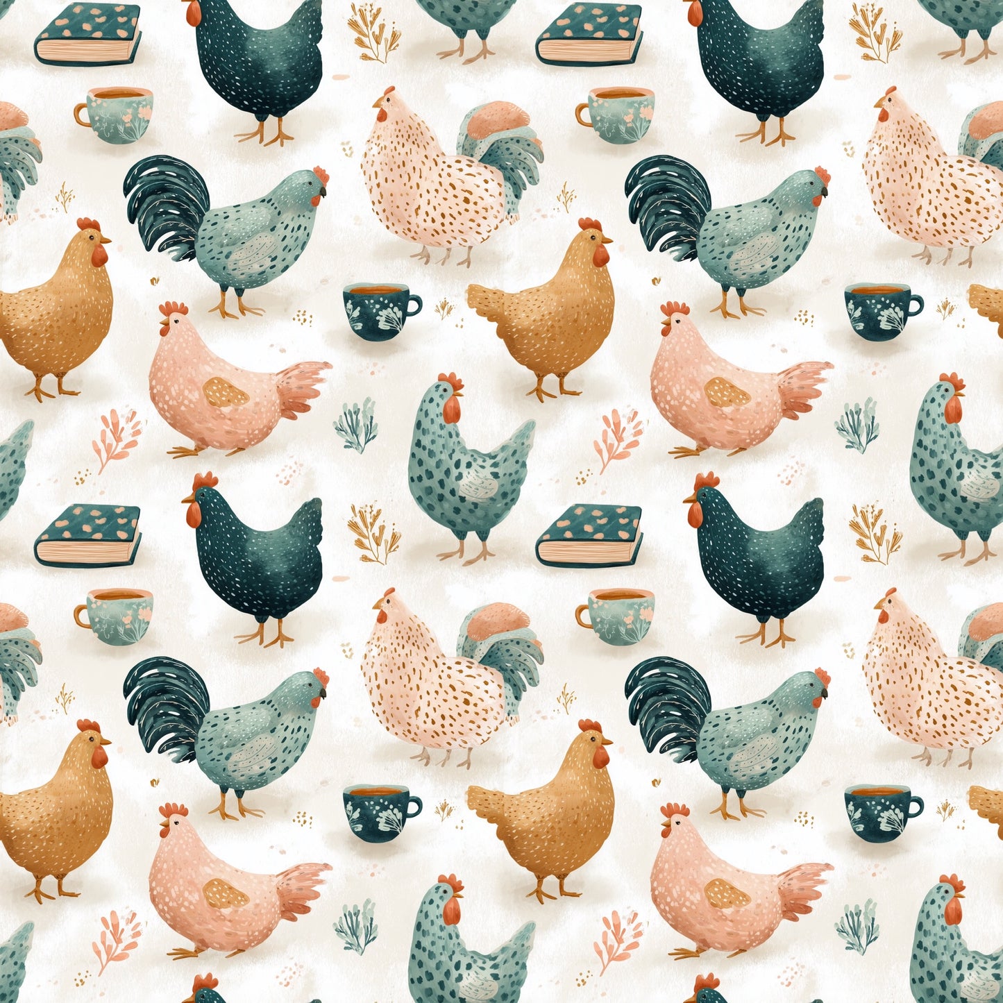 Chicken Tea & Books Digital Seamless Pattern