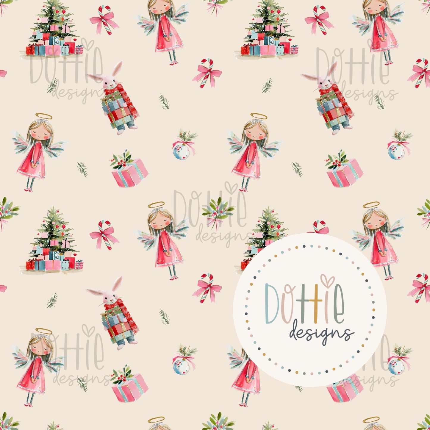 Christmas Angels & Bunnies (Cream)