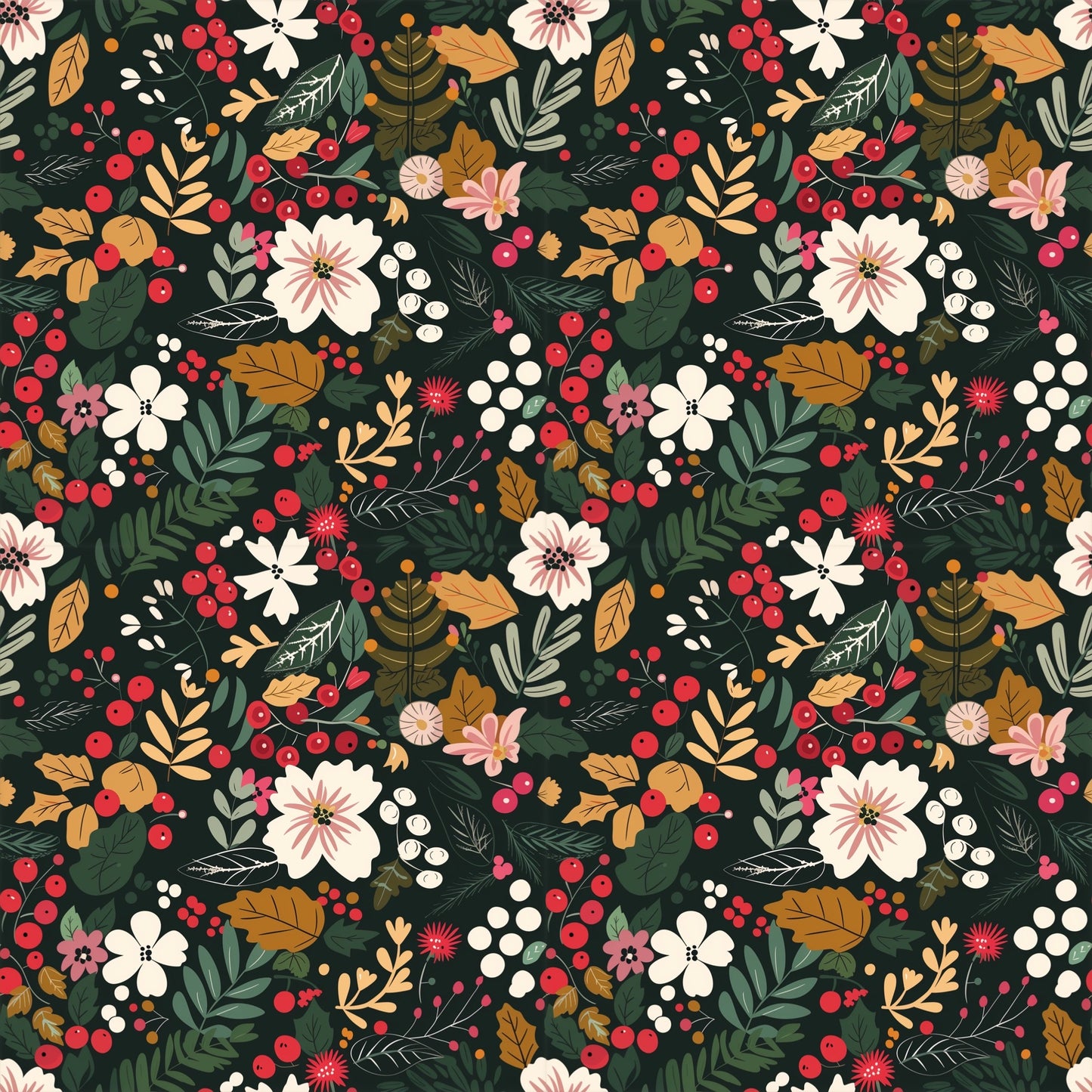 Christmas Floral Berries Digital Seamless Pattern