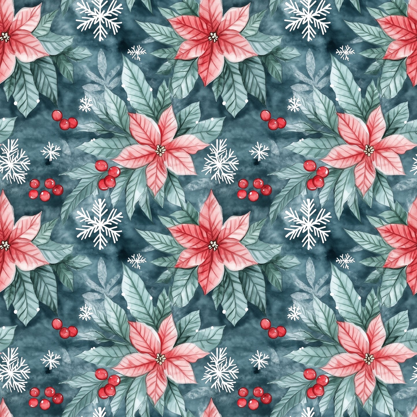 Christmas Foliage Poinsettia Floral Digital Seamless Pattern