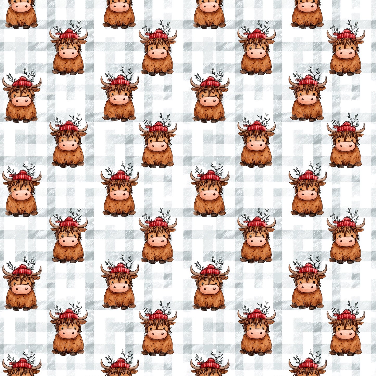 Christmas Hat Highland Cows Digital Seamless Pattern