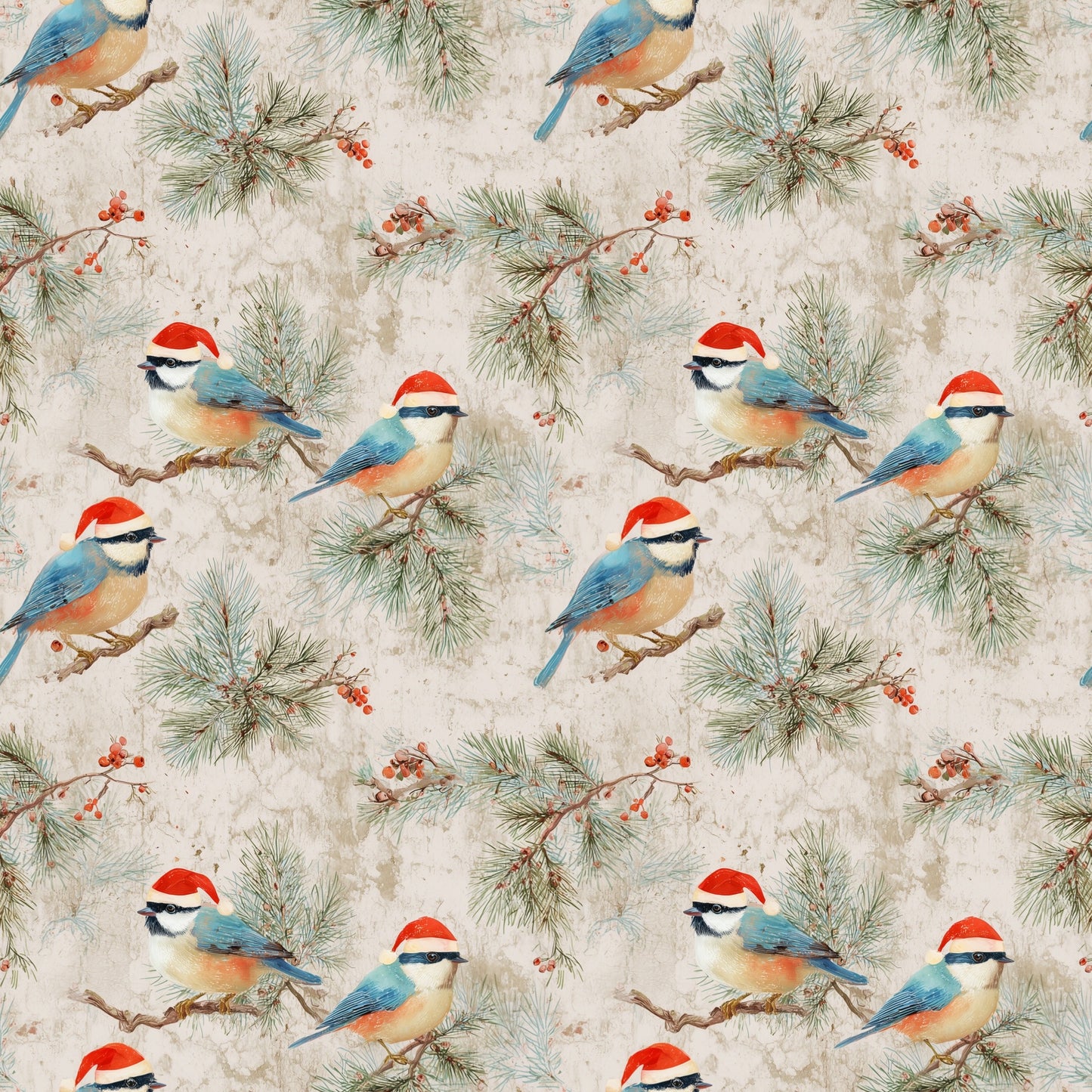 Christmas Hat Birds Digital Seamless Pattern