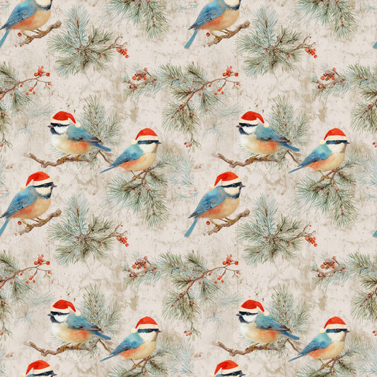 Christmas Hat Birds Digital Seamless Pattern