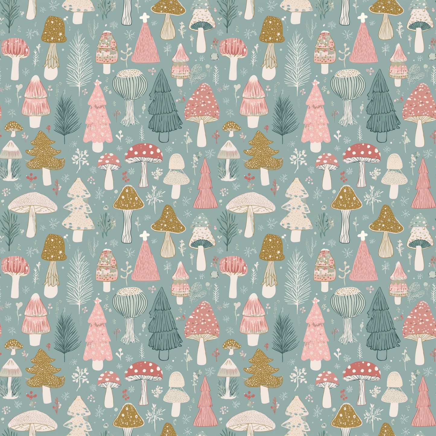 Christmas Mushrooms Digital Seamless Pattern