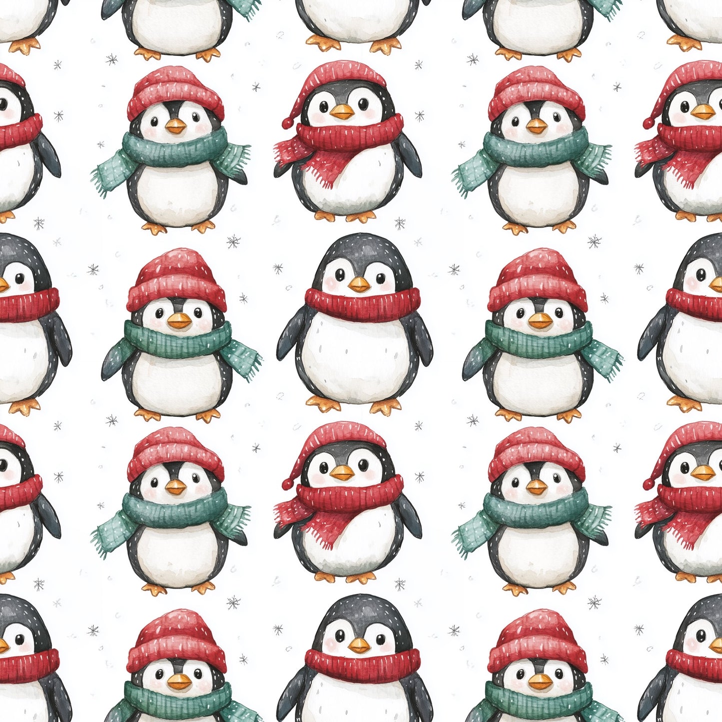 Cute Christmas Penguins Digital Seamless Pattern