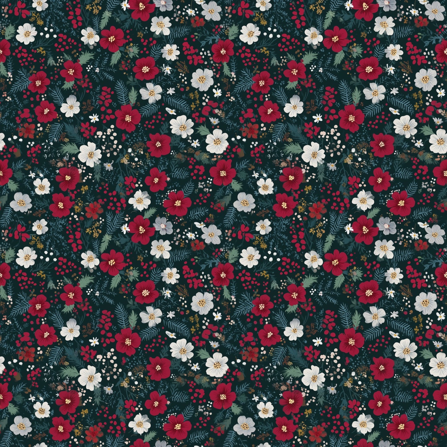 Christmas Red White Blue Floral Digital Seamless Pattern