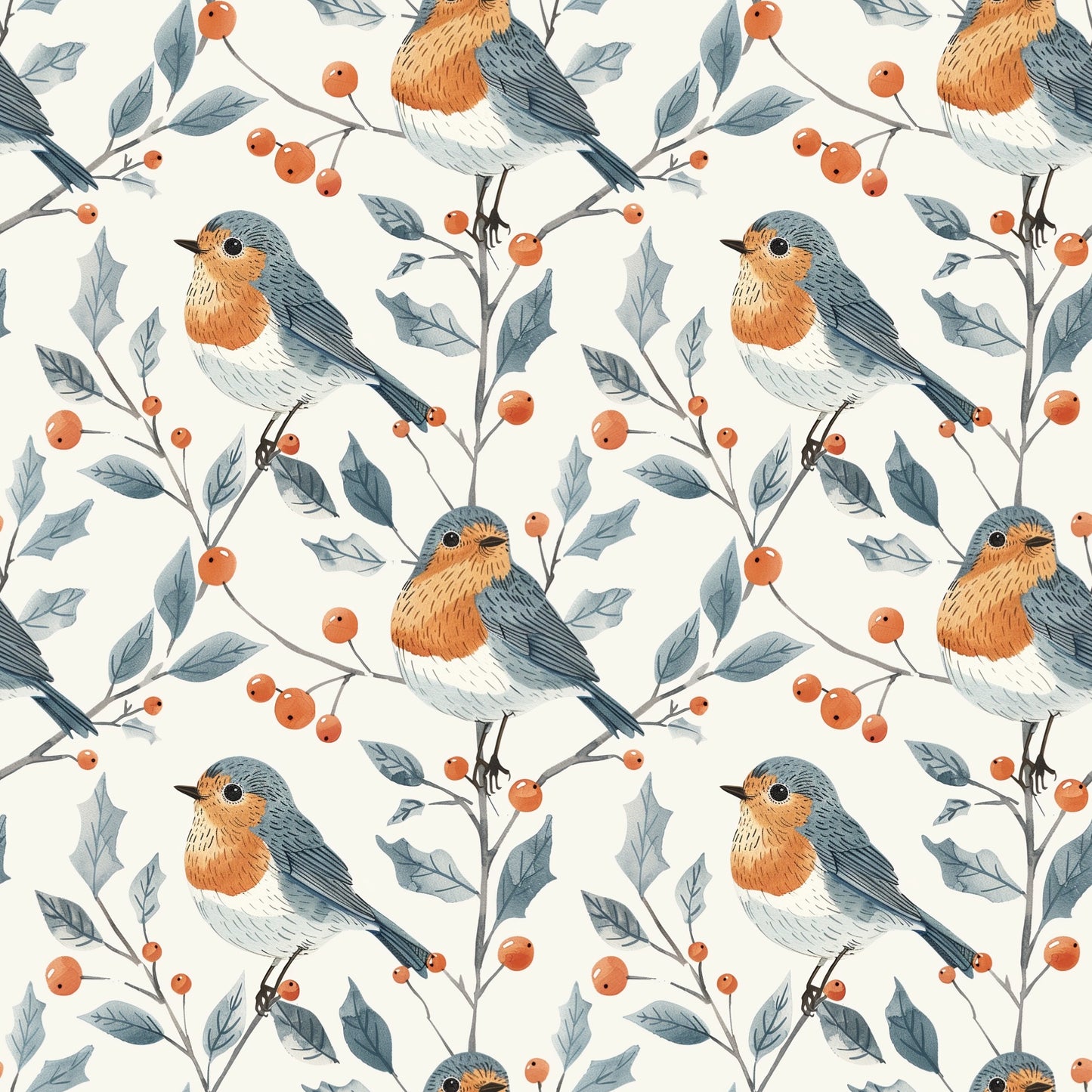 Christmas Robins Digital Seamless Pattern