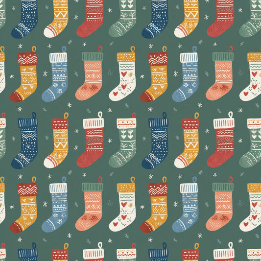 Christmas Stockings on Green Digital Seamless Pattern