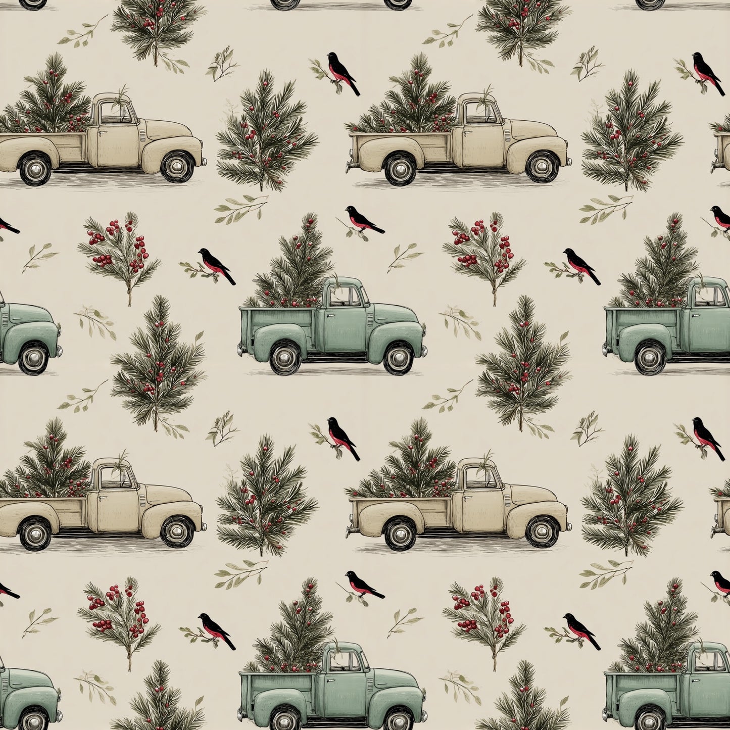 Christmas Trucks Presents Digital Seamless Pattern
