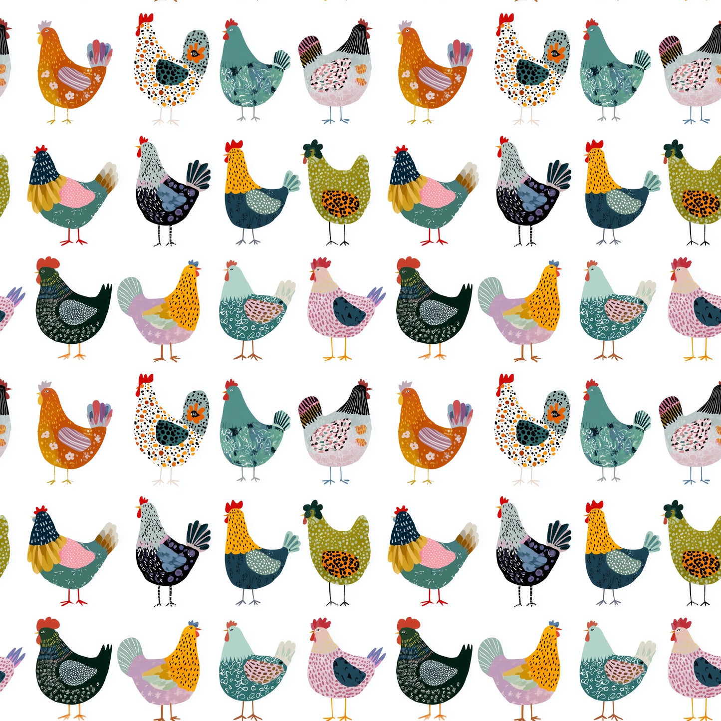 Clucky Hen Line Up Digital Seamless Pattern