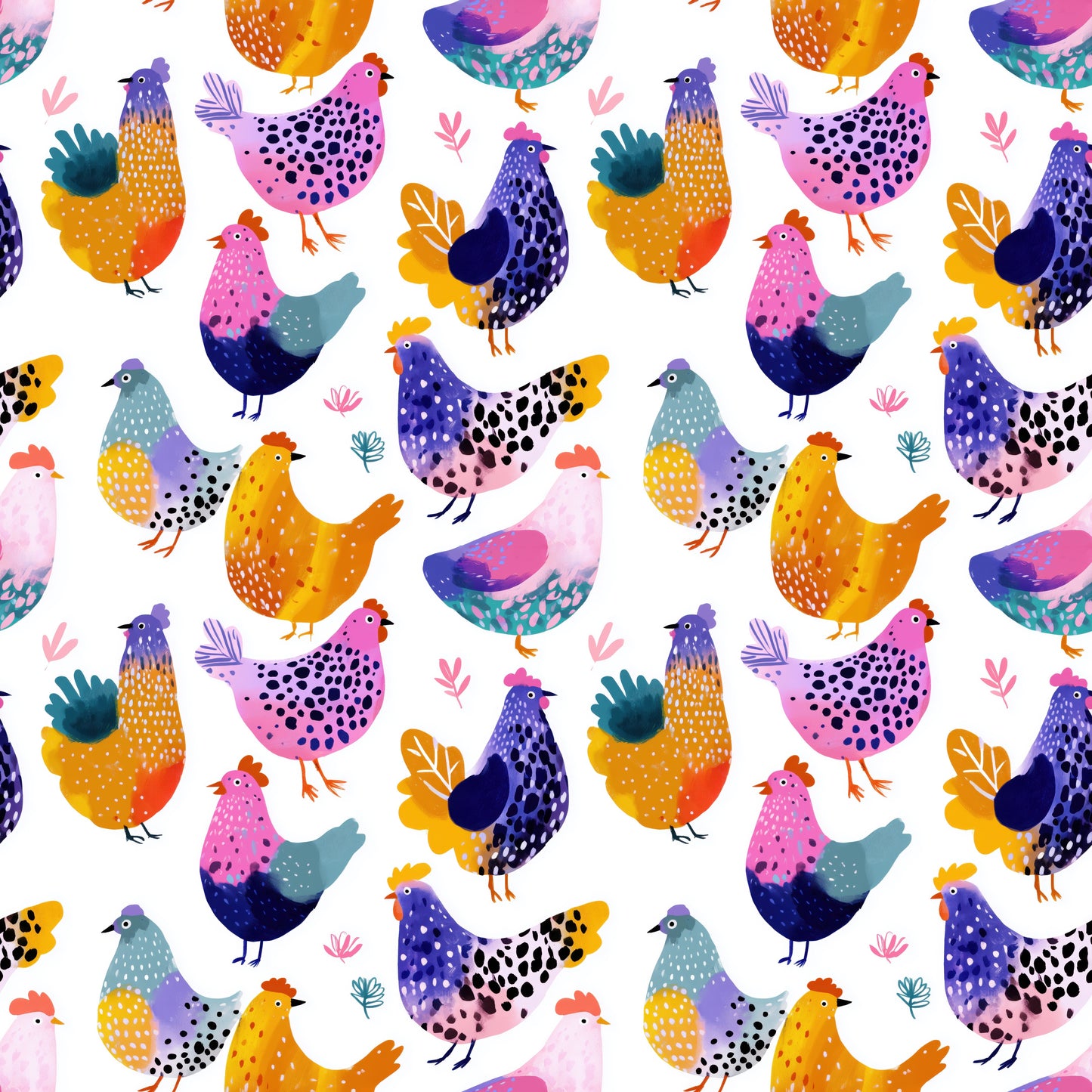 Colourful Squawking Hens Digital Seamless Pattern