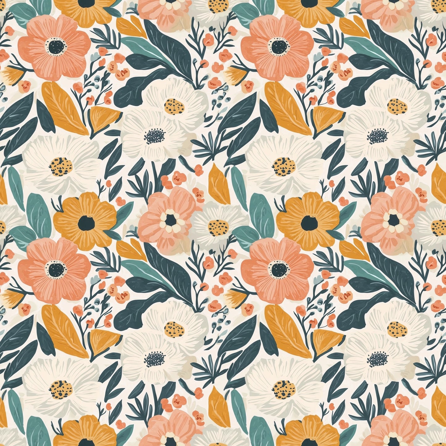 Coral Cream Flowers Digital Seamless Pattern