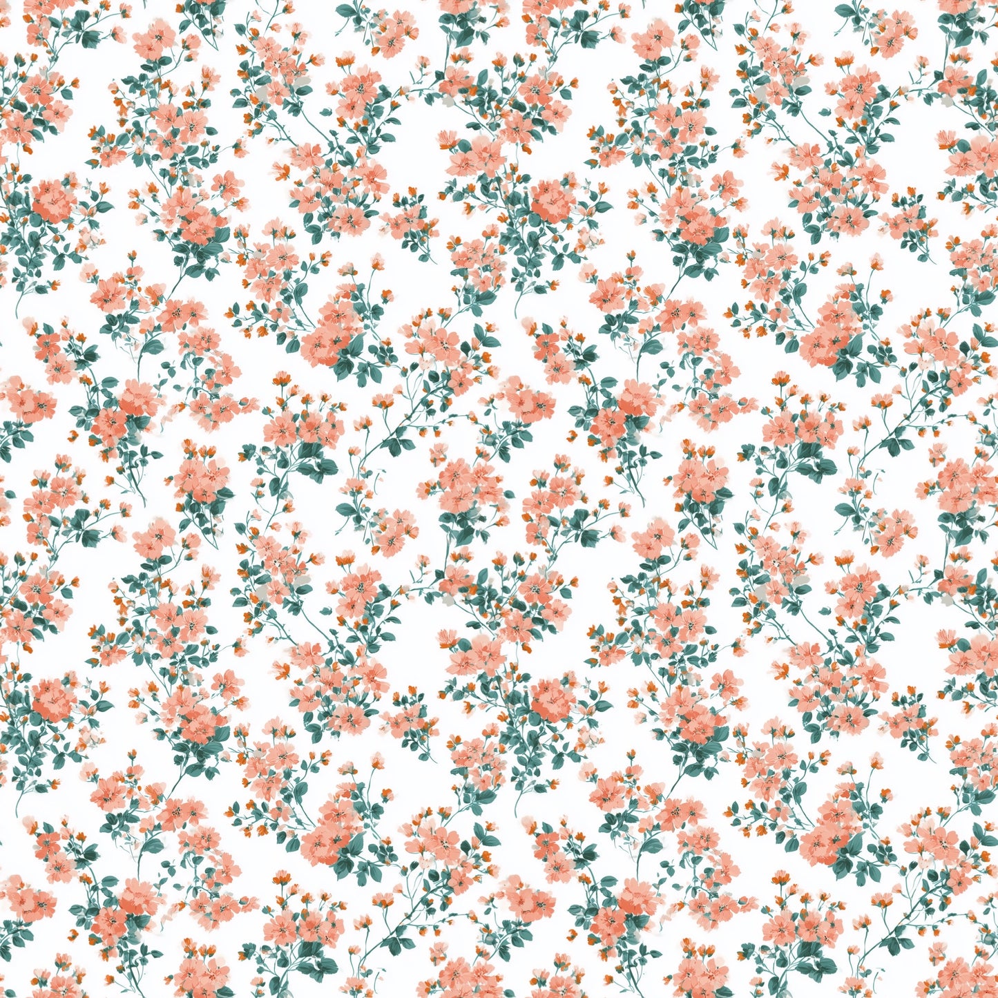 Coral Green Bouquets Digital Seamless Pattern