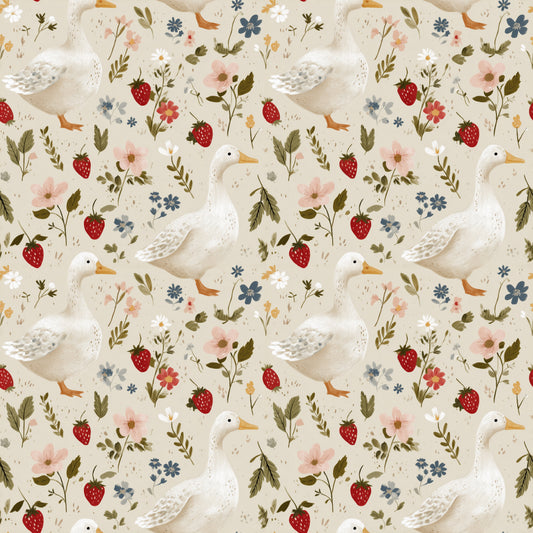 Cottagecore Ducks & Strawberries Digital Seamless Pattern