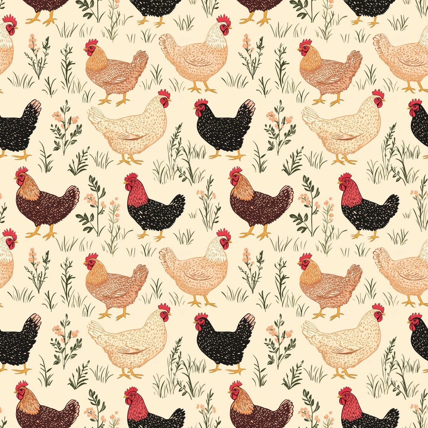 Country Chickens Digital Seamless Pattern