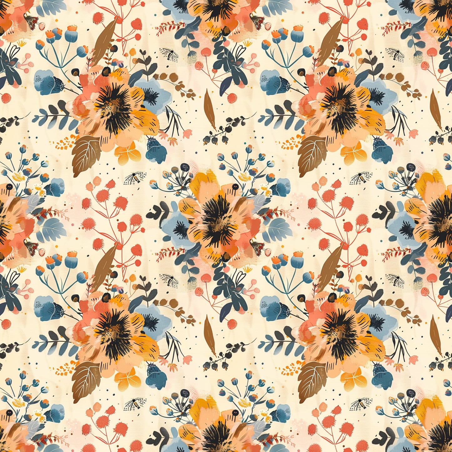 Cream Beige Boho Floral Field Digital Seamless Pattern