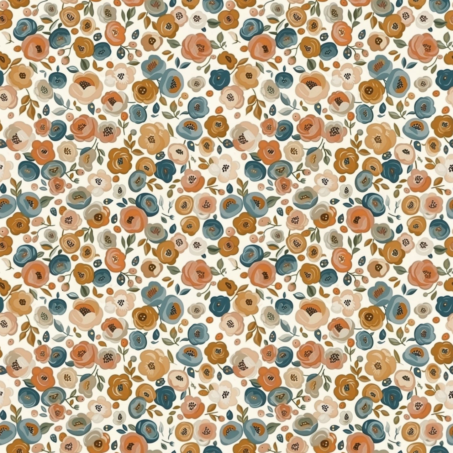 Cream Brown Navy Floral Field Digital Seamless Pattern