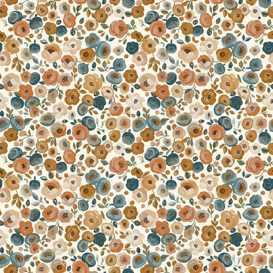 Cream Brown Navy Floral Field Digital Seamless Pattern