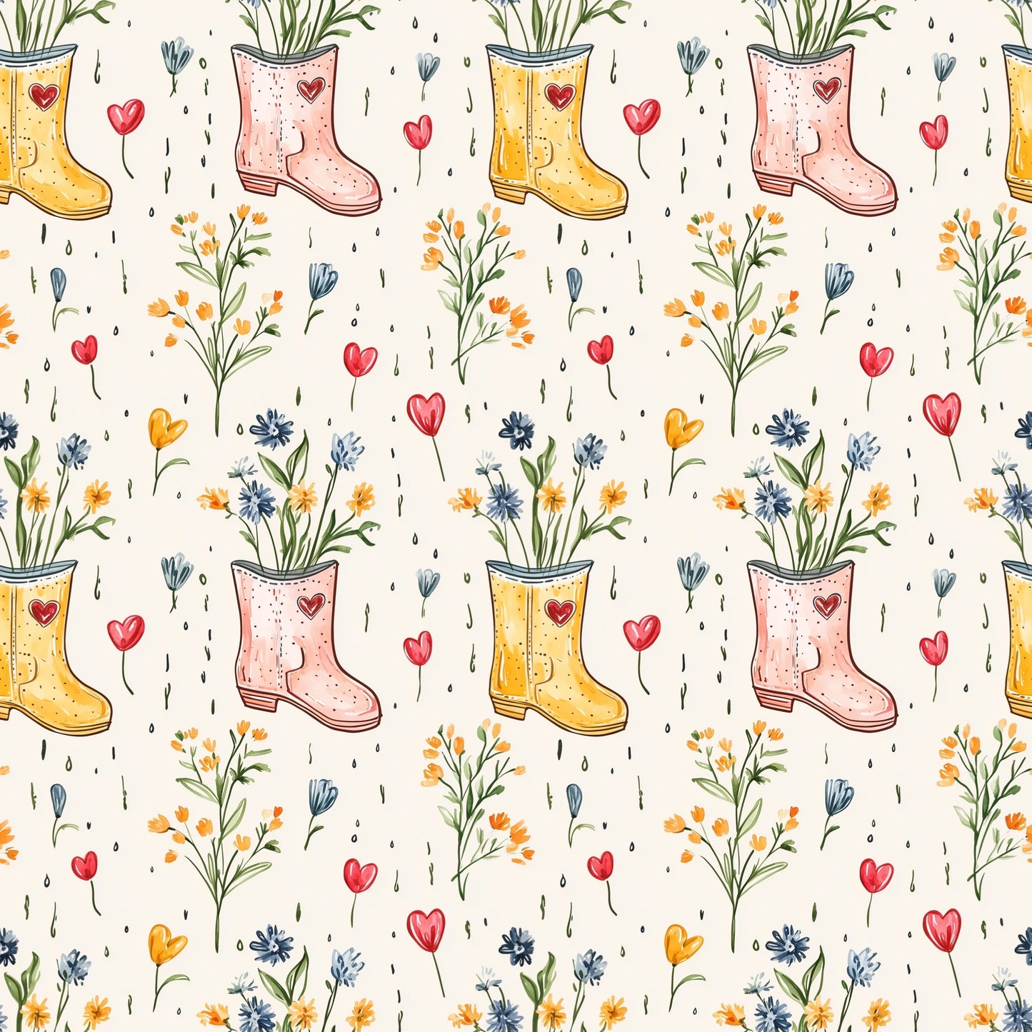 Cream Floral Wellies Digital Seamless Pattern