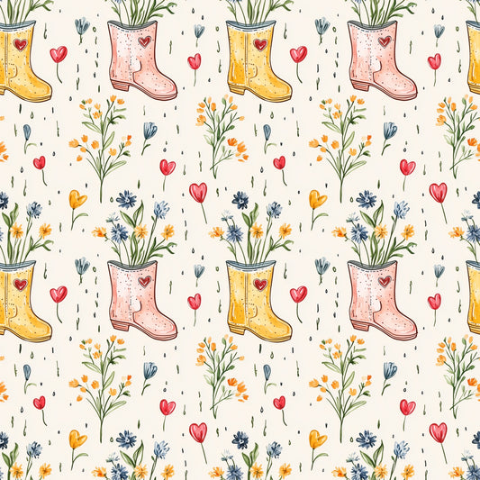Cream Floral Wellies Digital Seamless Pattern