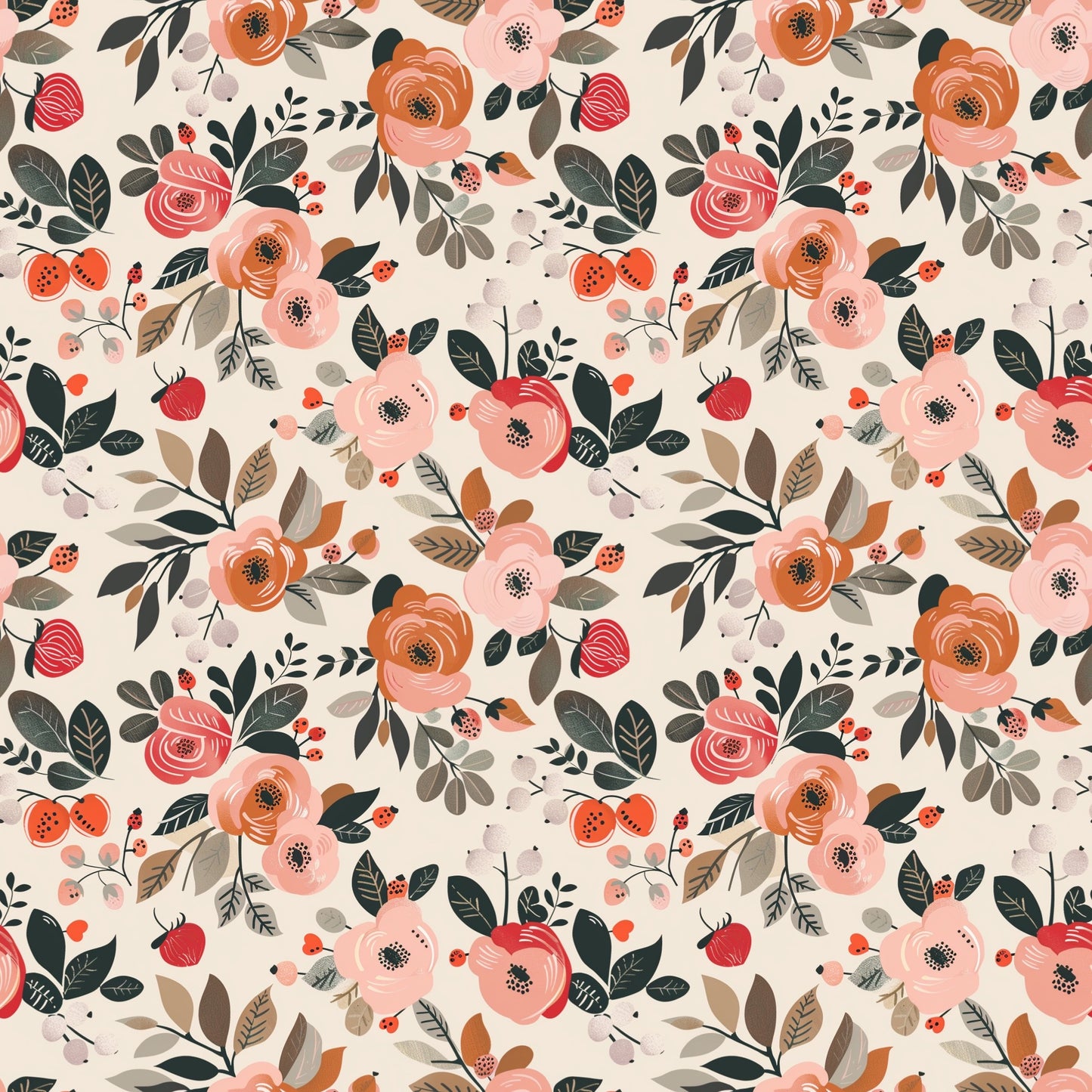 Cream Fruit Blooms Digital Seamless Pattern