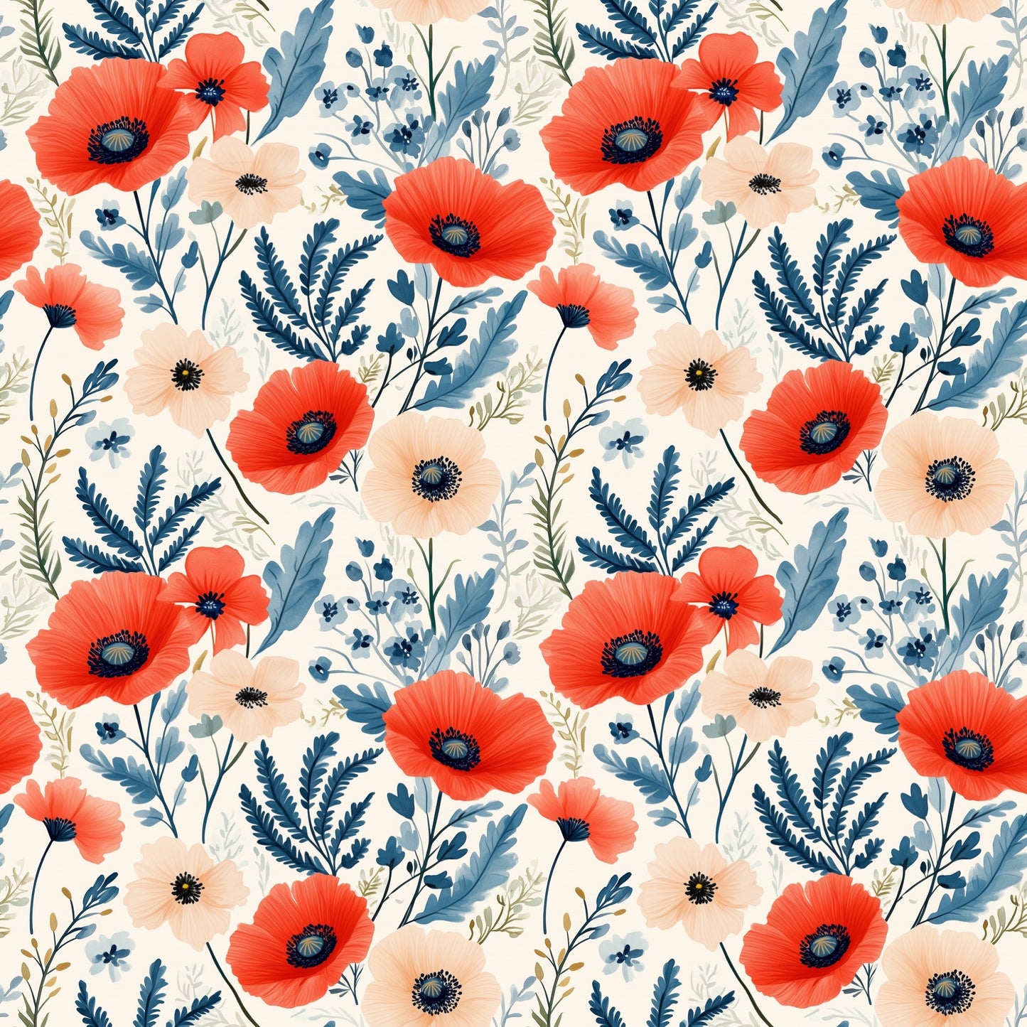 Cream & Red Flower Field Digital Seamless Pattern