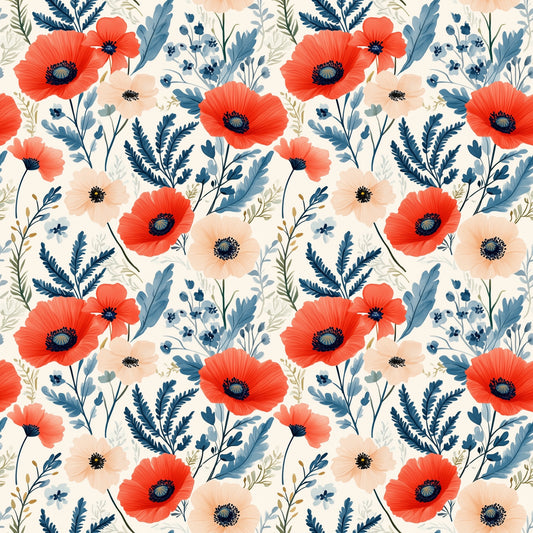 Cream & Red Flower Field Digital Seamless Pattern