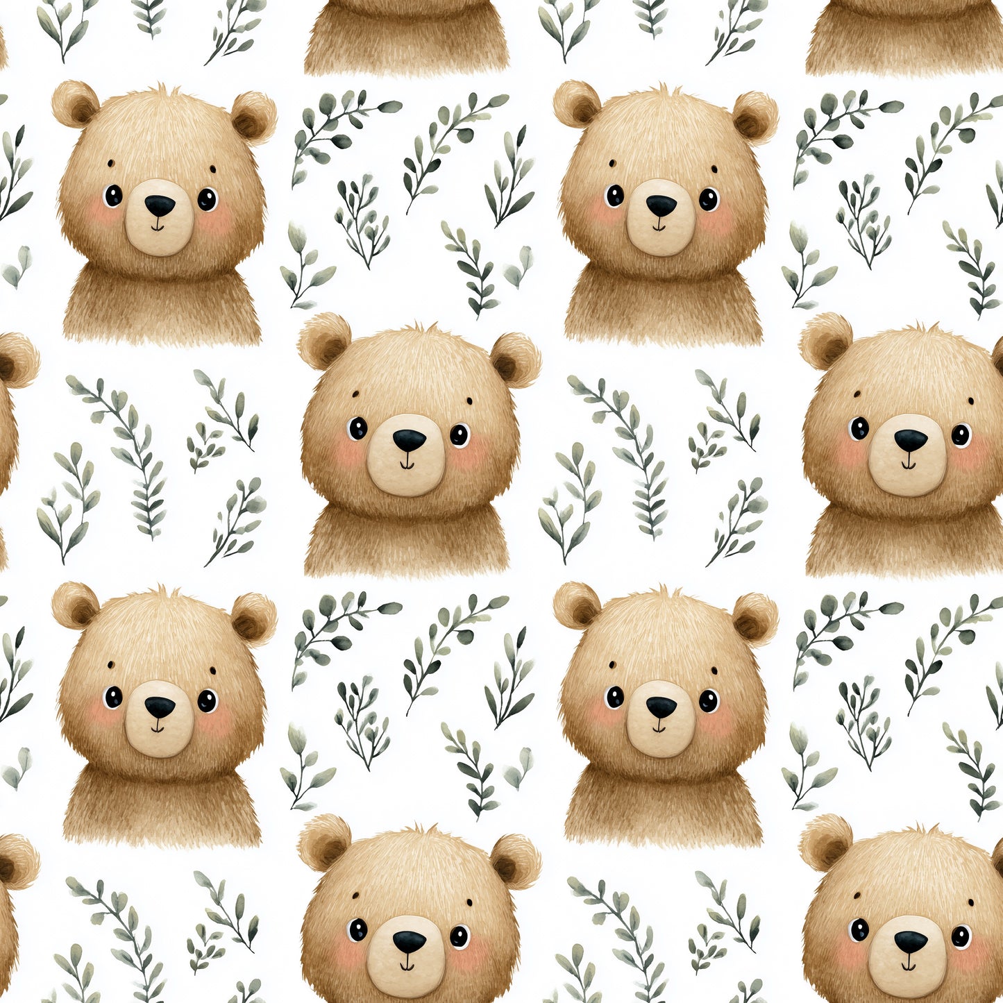 Cute Bears & Leaves Digital Seamless Pattern