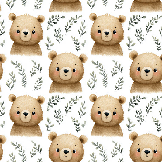 Cute Bears & Leaves Digital Seamless Pattern