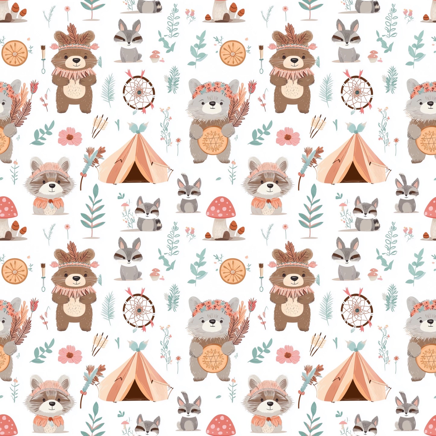Cute Animals Boho Tribe Digital Seamless Pattern