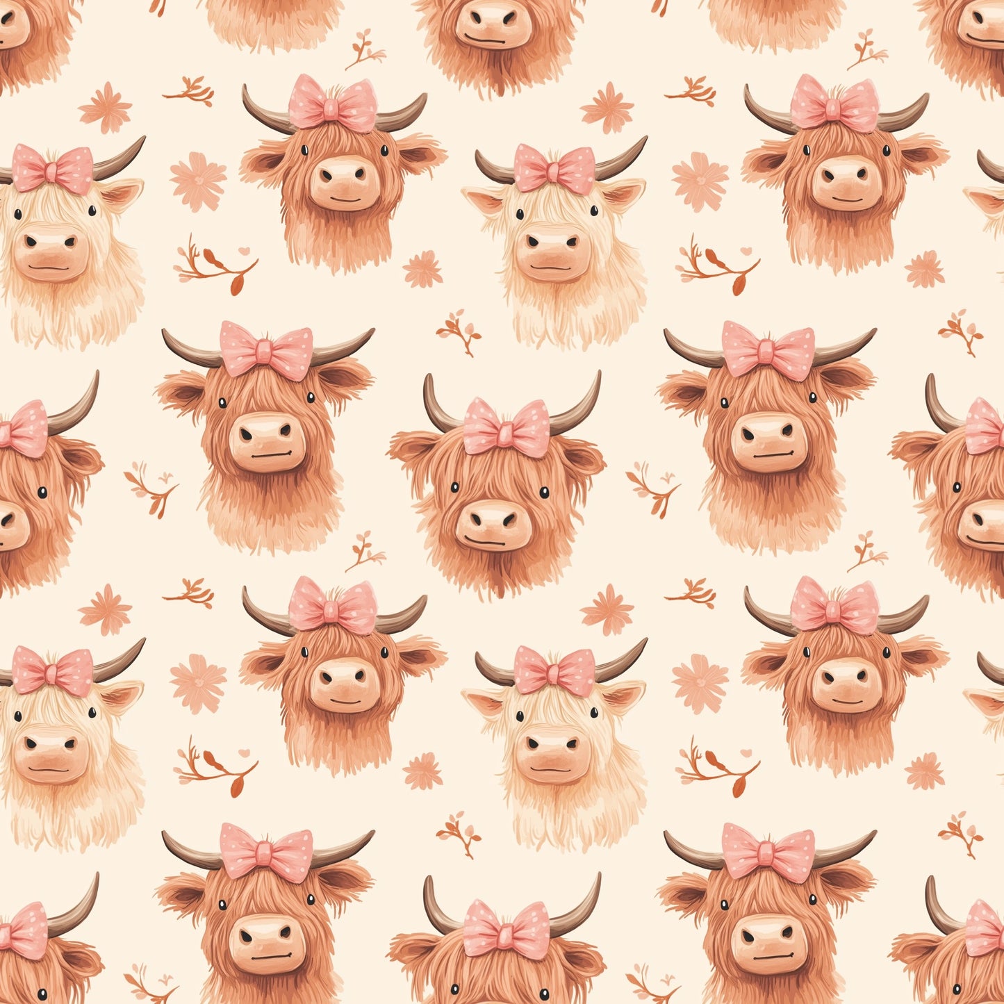 Cute Coquette Highland Cows Digital Seamless Pattern
