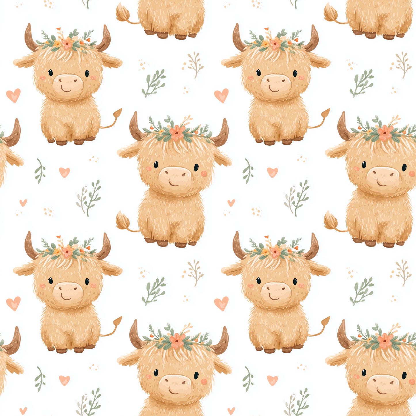 Cute Flowers Highland Cows Digital Seamless Pattern