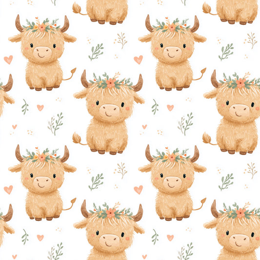 Cute Flowers Highland Cows Digital Seamless Pattern