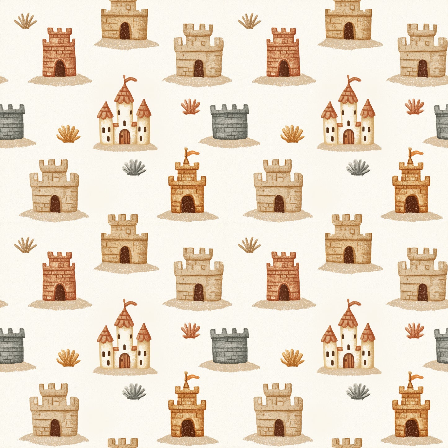 Cute Sandcastles Digital Seamless Pattern