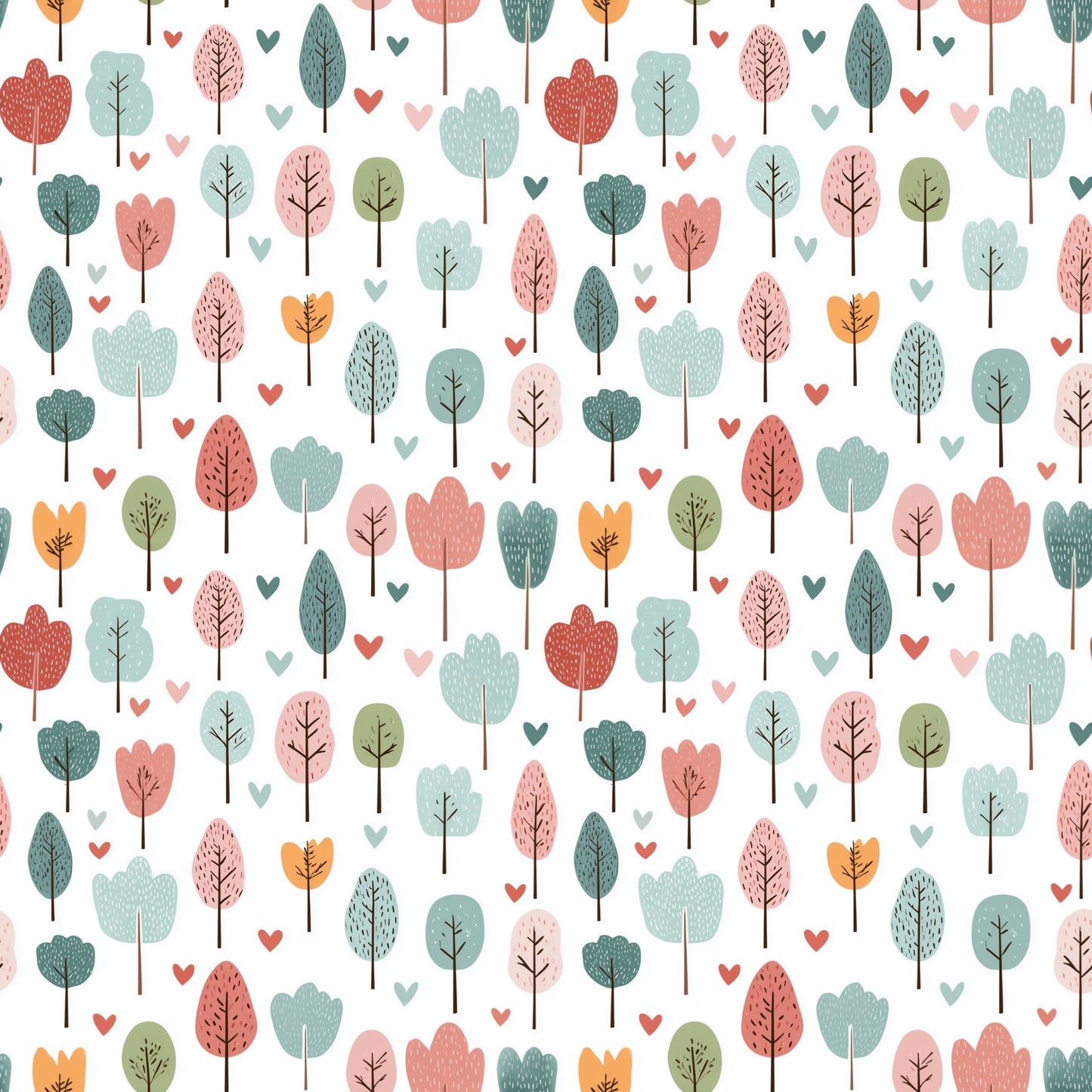 Cute Trees & Hearts Digital Seamless Pattern