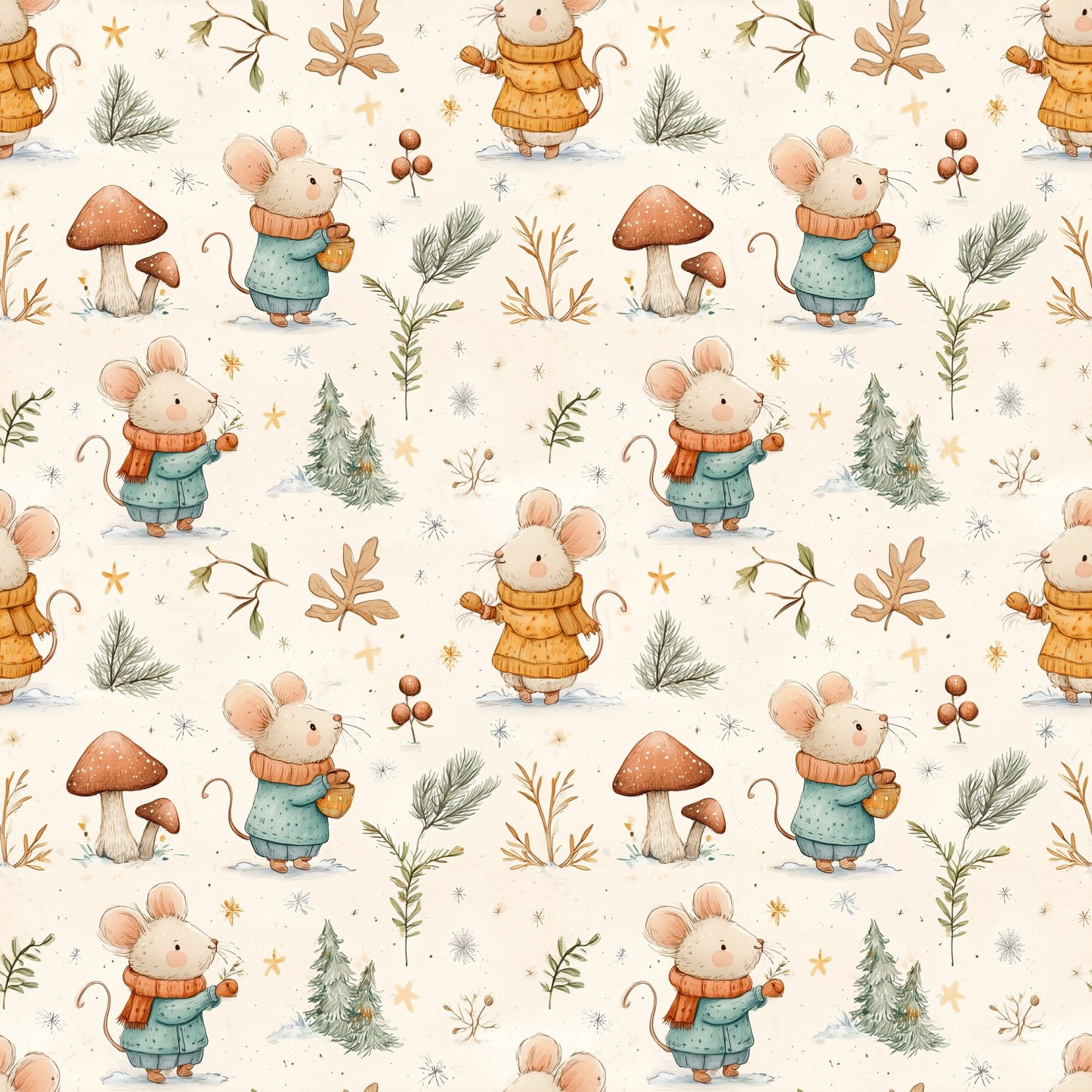 Cute Autumn Mice Digital Seamless Pattern
