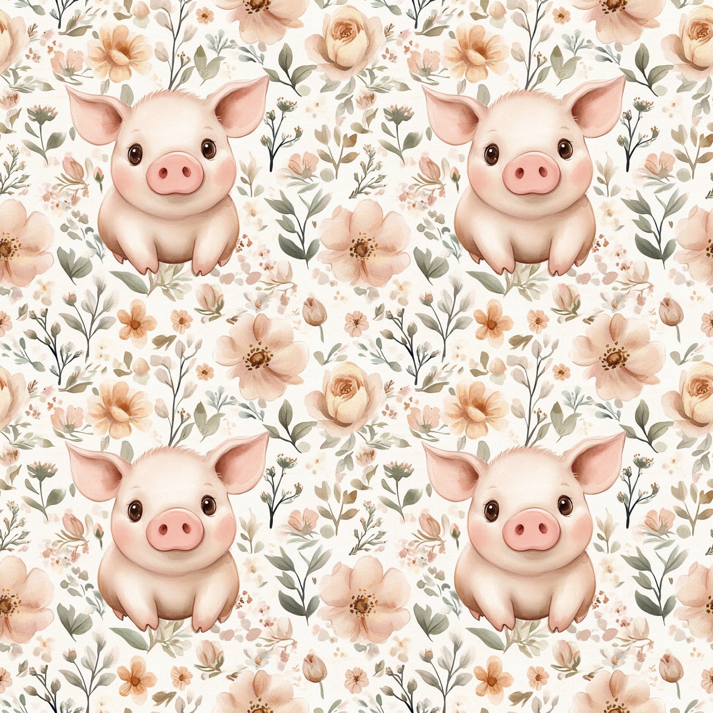 Cute Floral Pig Digital Seamless Pattern