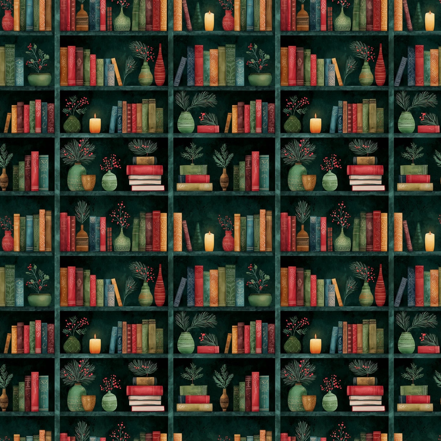 Dark Christmas Bookcase Digital Seamless Pattern