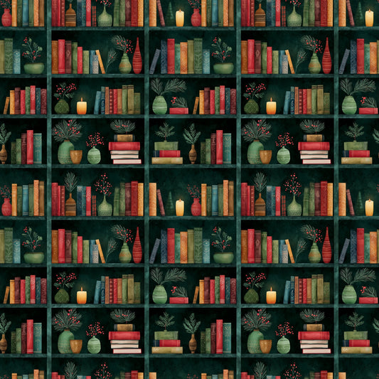 Dark Christmas Bookcase Digital Seamless Pattern