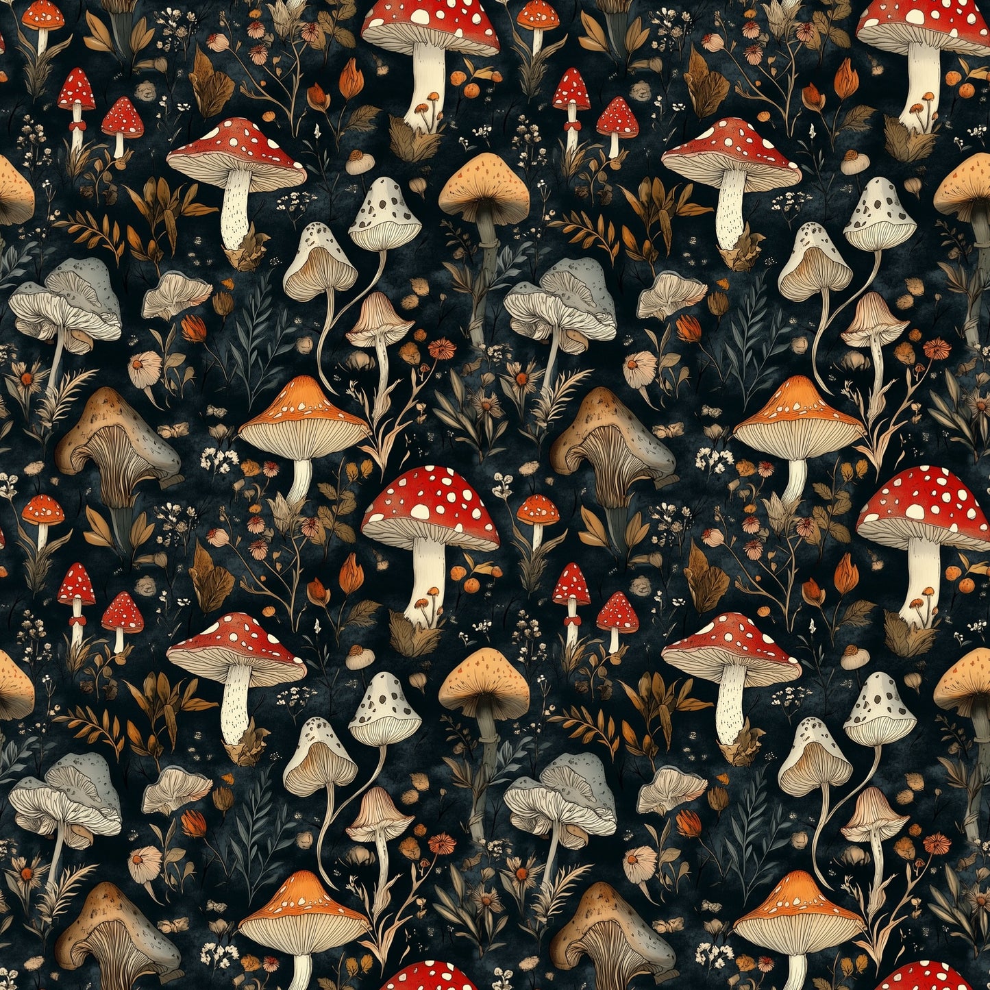 Dark Fungi Forest Digital Seamless Pattern