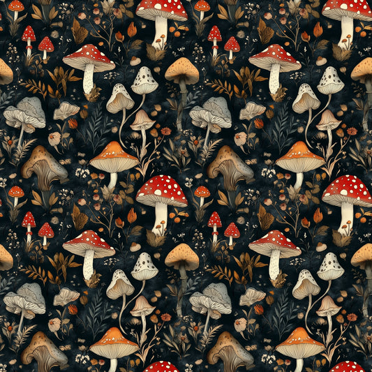 Dark Fungi Forest Digital Seamless Pattern