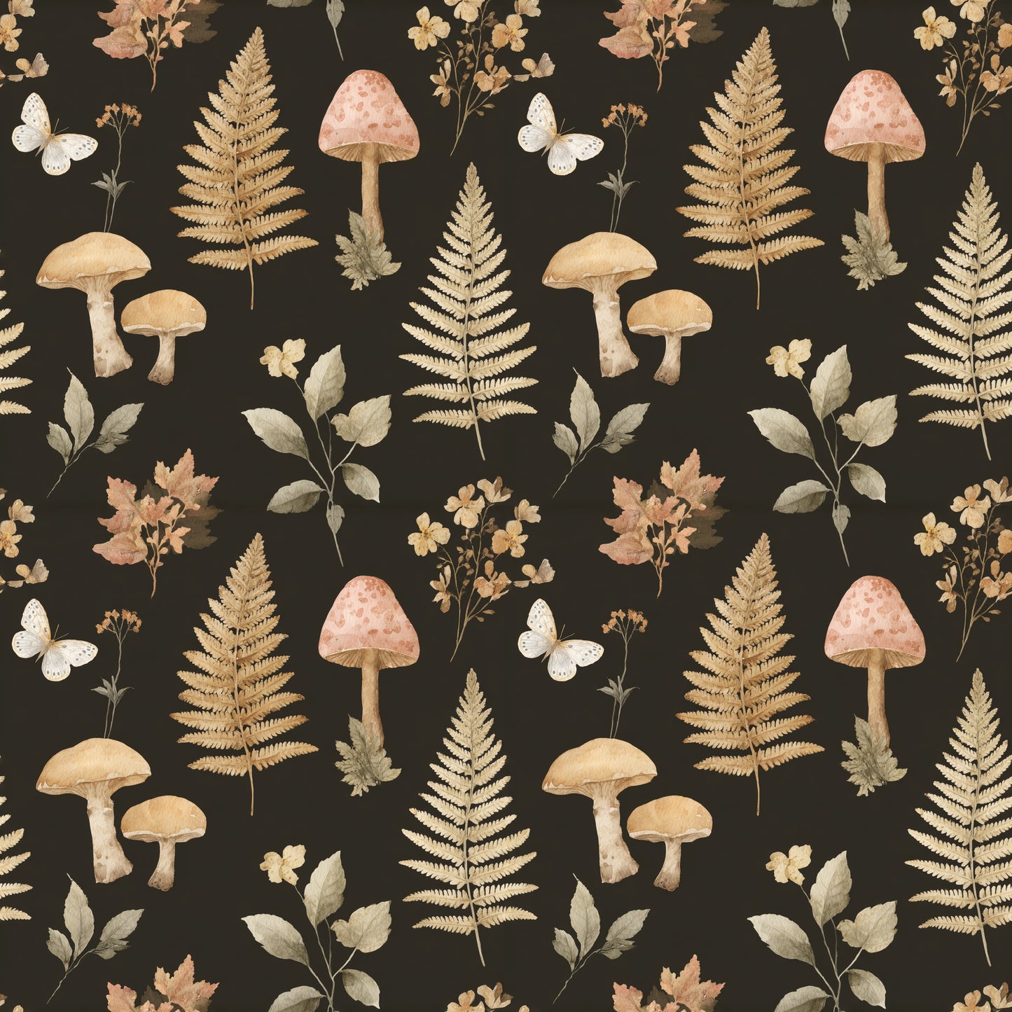 Dark Mushrooms & Ferns Digital Seamless Pattern