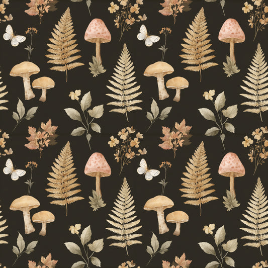 Dark Mushrooms & Ferns Digital Seamless Pattern