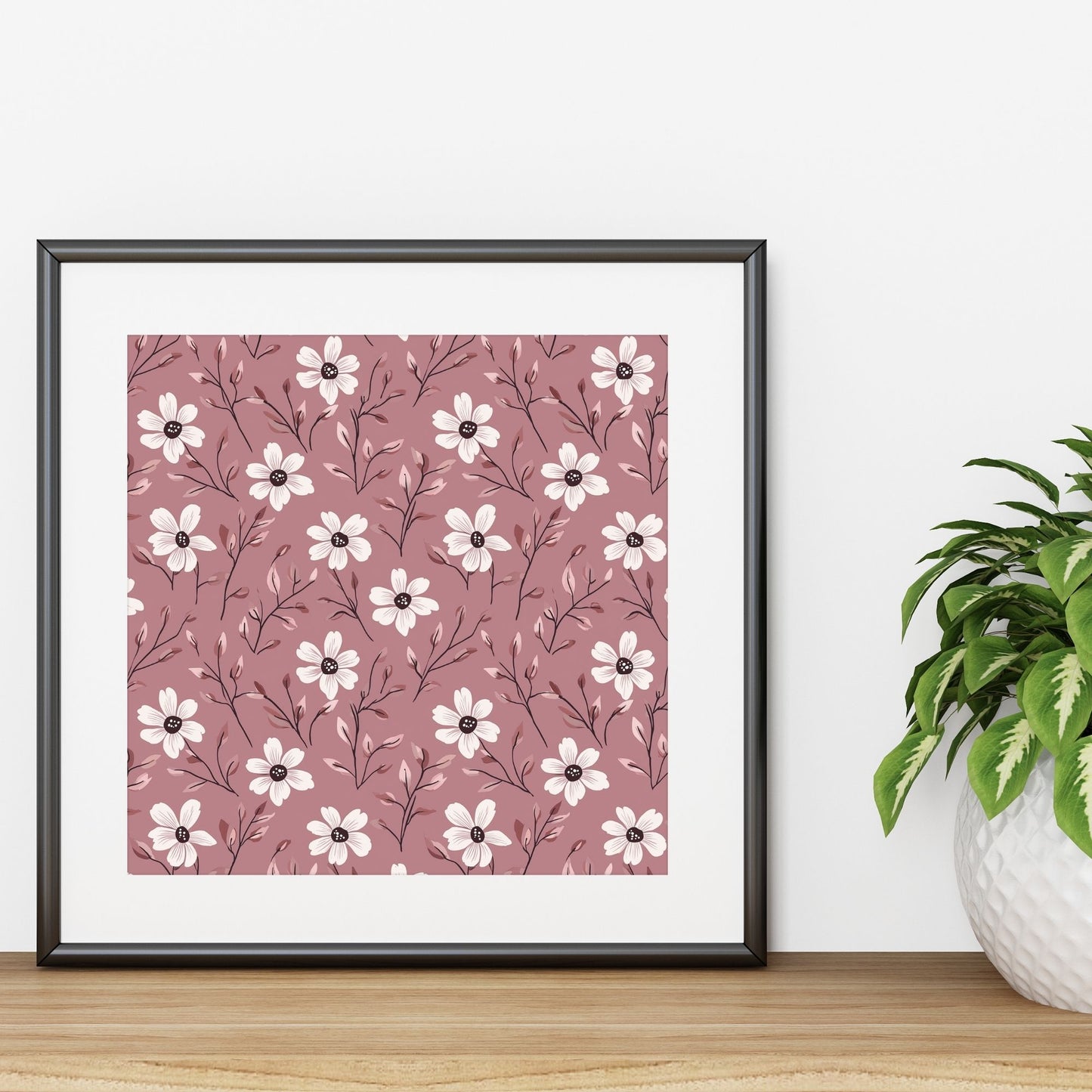 Dark Pink with White Flowers Digital Seamless Pattern