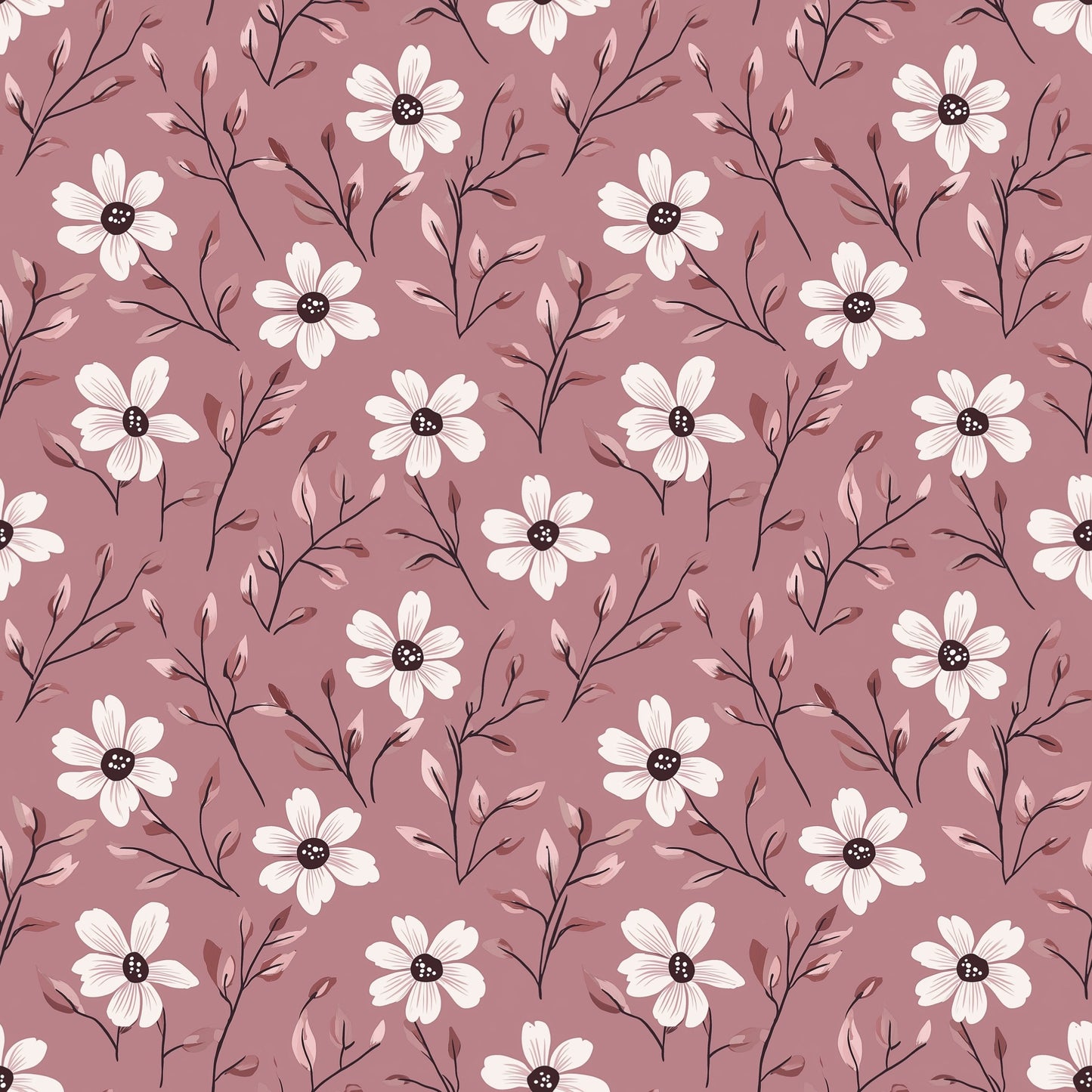 Dark Pink with White Flowers Digital Seamless Pattern